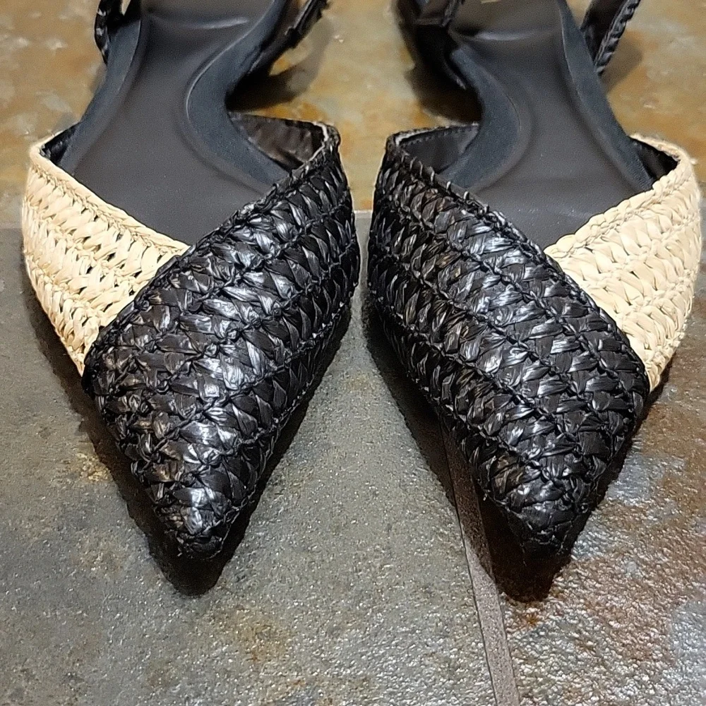 Zara Raffia Slingback Colorblock Flats in Black & Cream - EU Size 37 or US 6.5/7 - Picture 2 of 11